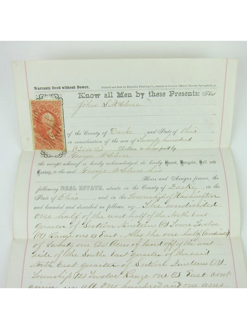 US Scott R81 Two Dollar Revenue Tax Stamp on 1870 Darke County Ohio Land Deed